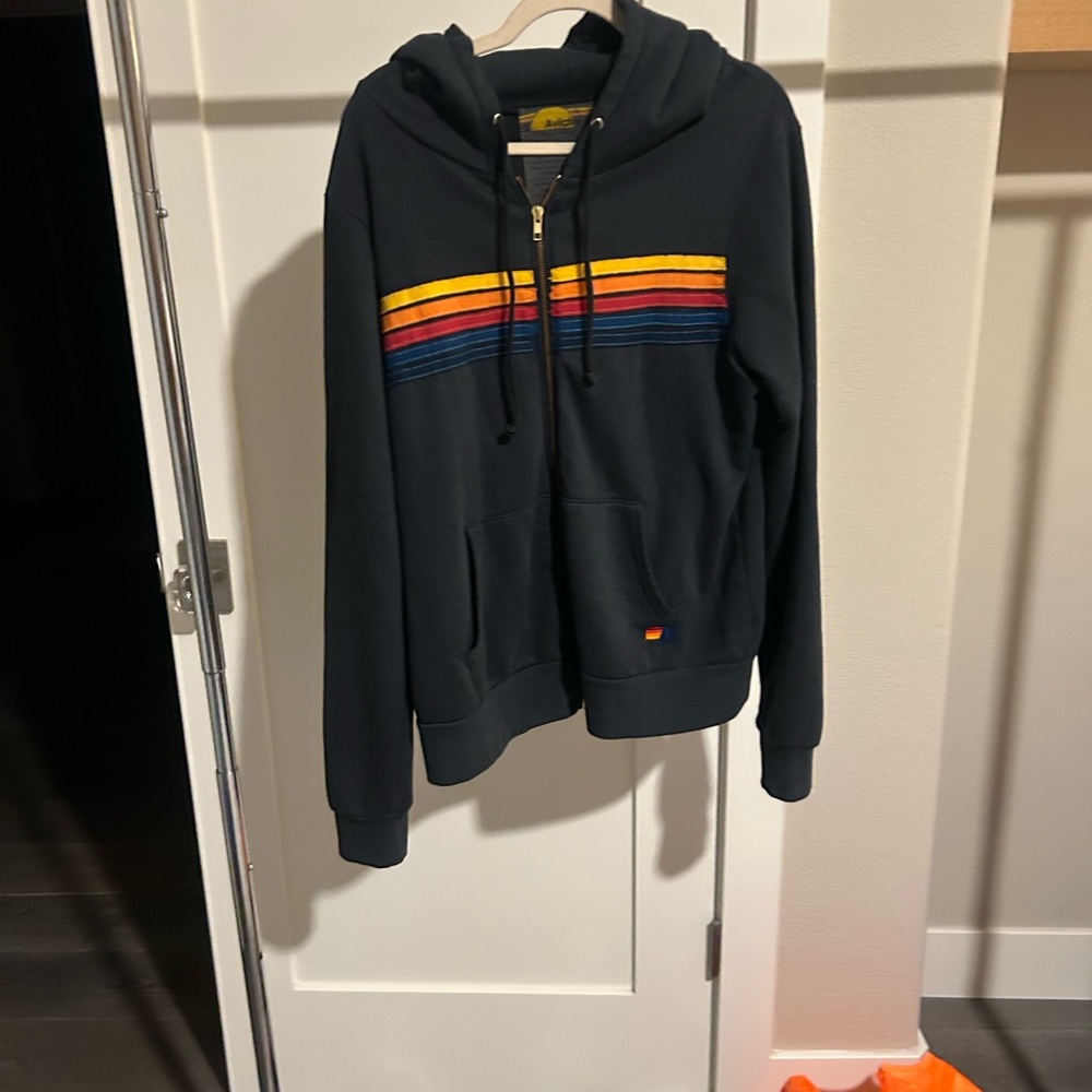 Aviator Nation Blue hooded sweatshirt with Rainbow Stripes